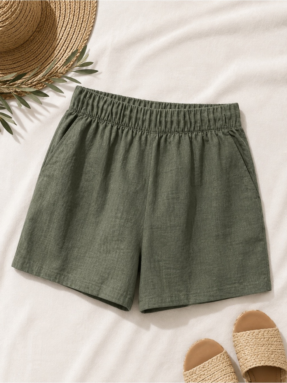 Blank NYC Olive Sage Elastic-Waist Relaxed Shorts